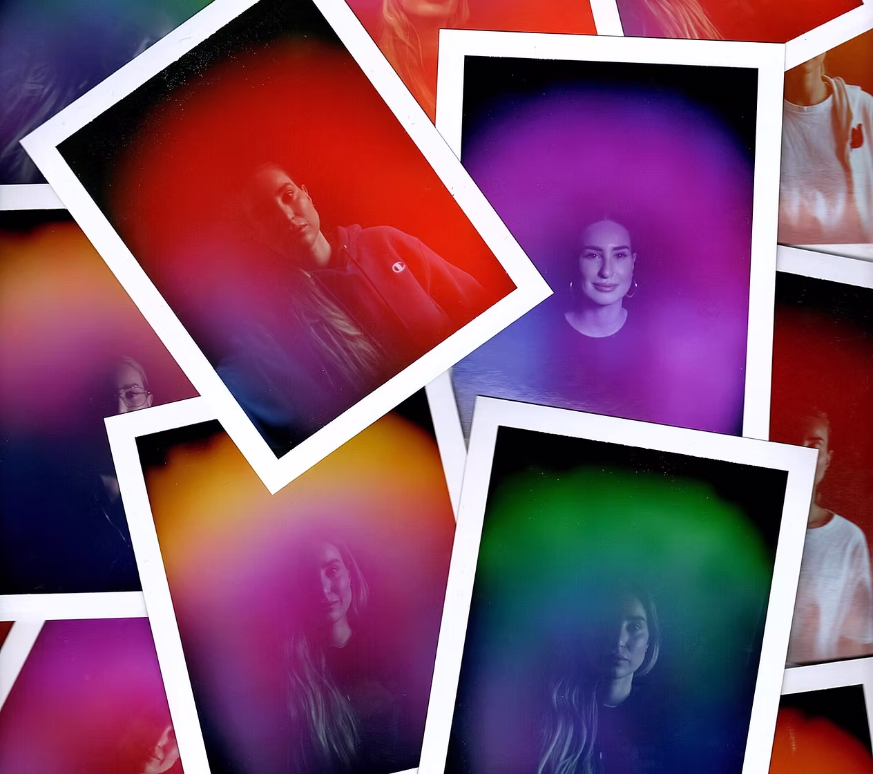 A scattered collage of aura polaroid portraits showing colorful energy patterns
